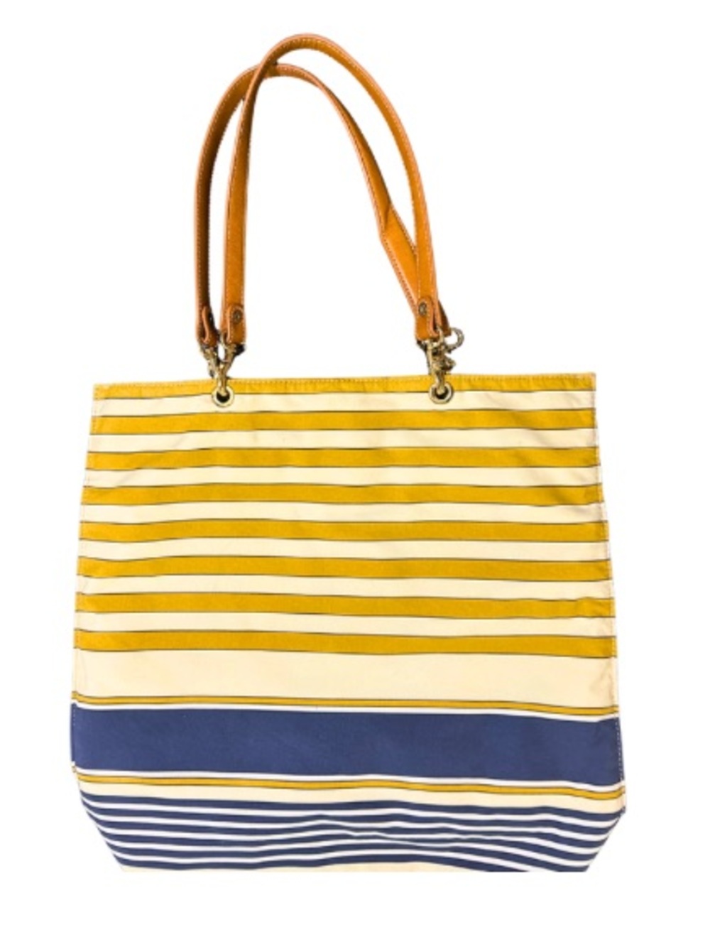 J. McLaughlin Yellow and Navy Striped Tote with Tan Handles